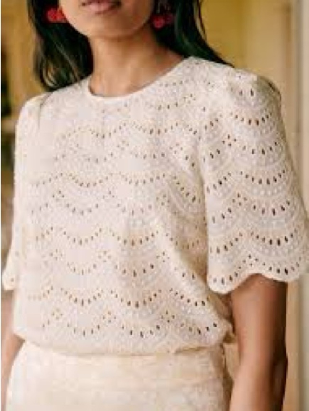 Sezane Lisa Blouse in Ecru - Eyelet Short-Sleeve Top - Picture 2 of 8